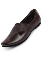 Shop Men Brown Embossed Design Ethnic Party Slip On Juttis and Mojaris Online.