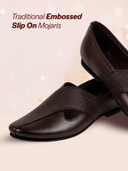 Men Brown Embossed Design Ethnic Party Slip On Juttis and Mojaris
