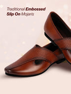 Shop Men Tan Embossed Design Ethnic Party Slip On Juttis and Mojaris Online.