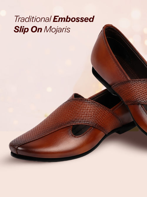 Shop Men Tan Embossed Design Ethnic Party Slip On Juttis and Mojaris Online.