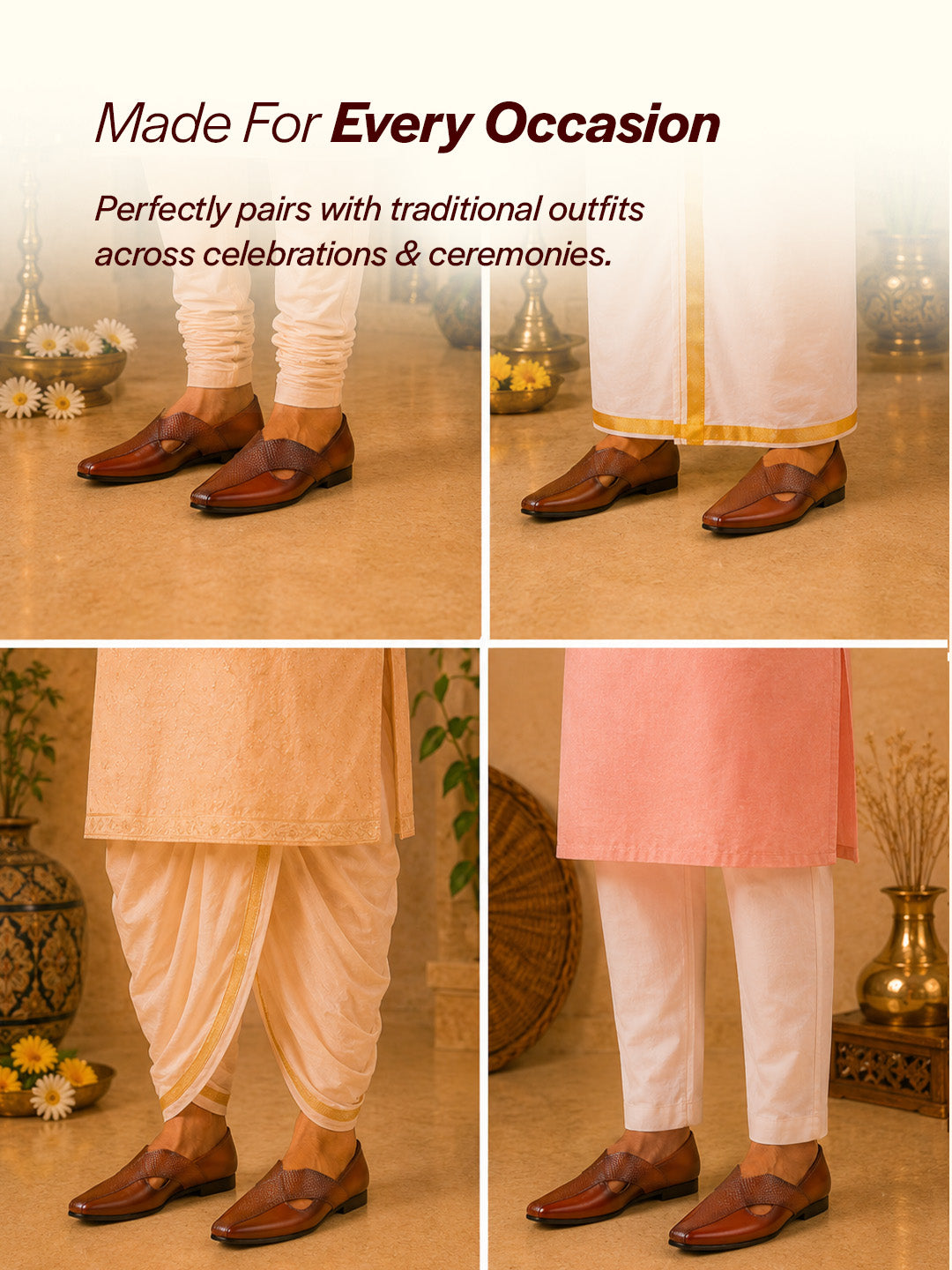 Shop Men Tan Embossed Design Ethnic Party Slip On Juttis and Mojaris Online.