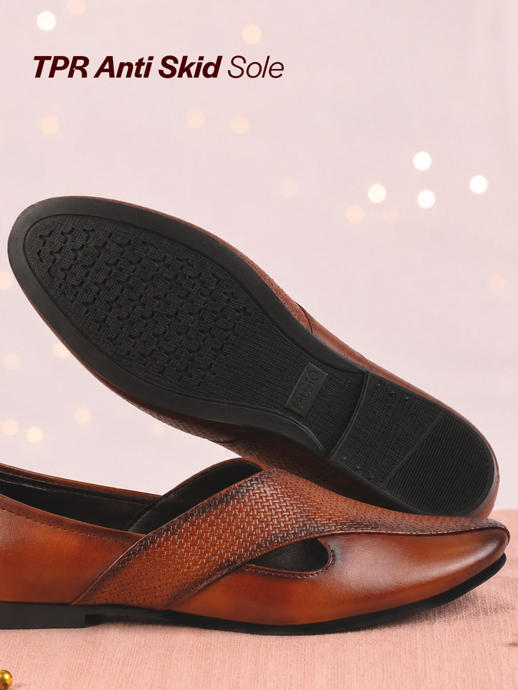 Shop Men Tan Embossed Design Ethnic Party Slip On Juttis and Mojaris Online.