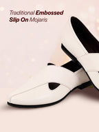Shop Men White Embossed Design Ethnic Party Slip On Juttis and Mojaris Online.