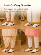 Shop Men White Embossed Design Ethnic Party Slip On Juttis and Mojaris Online.