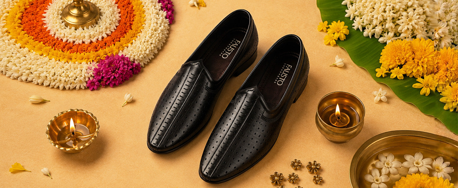 Men Black Laser Cut Design Stitched Ethnic Party Slip On Juttis and Mojaris