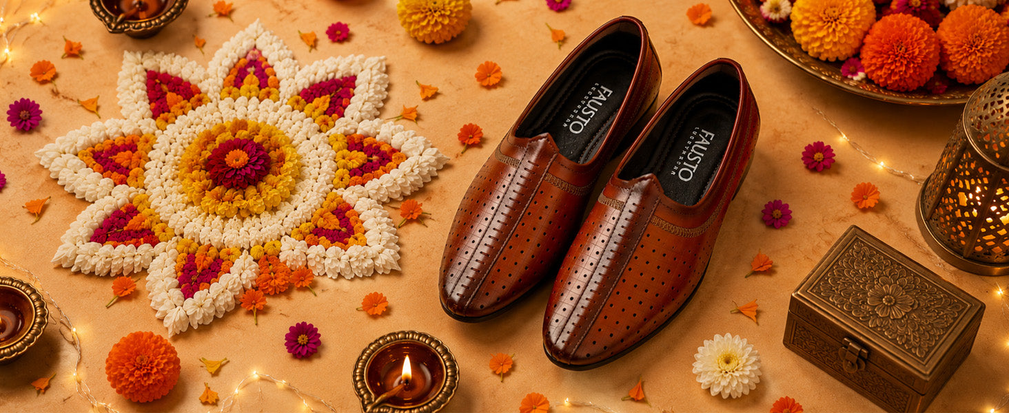 Men Black Laser Cut Design Stitched Ethnic Party Slip On Juttis and Mojaris