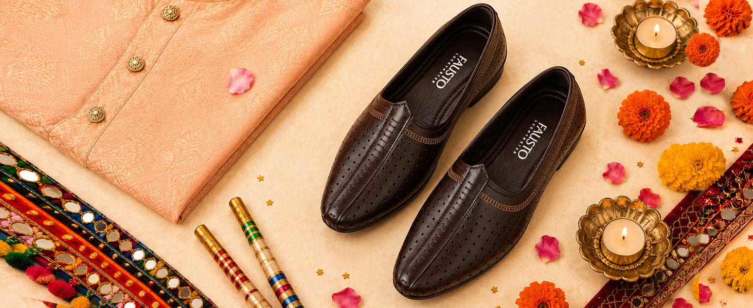 Men Black Laser Cut Design Stitched Ethnic Party Slip On Juttis and Mojaris