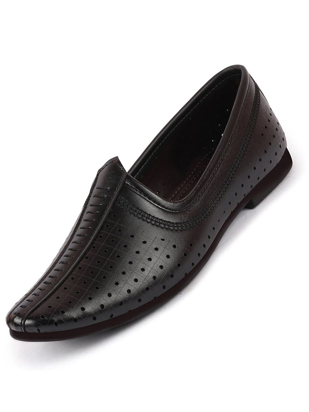 Men Black Laser Cut Design Stitched Ethnic Party Slip On Juttis and Mojaris