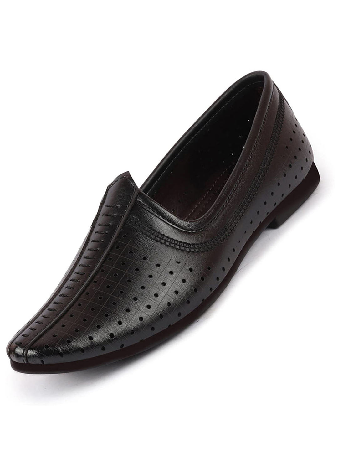 Men Black Laser Cut Design Stitched Ethnic Party Slip On Juttis and Mojaris