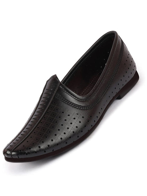 Men Black Laser Cut Design Stitched Ethnic Party Slip On Juttis and Mojaris