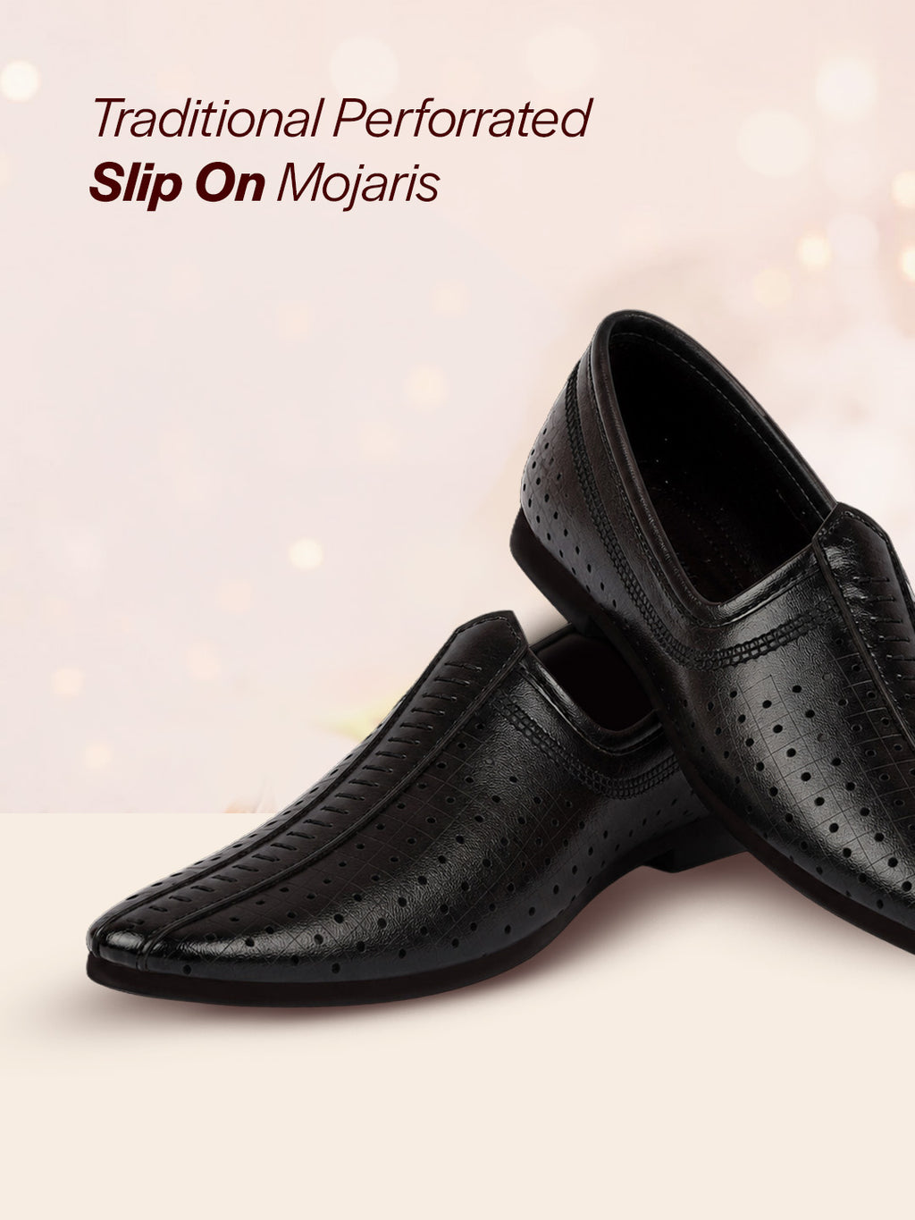 Men Black Laser Cut Design Stitched Ethnic Party Slip On Juttis and Mojaris