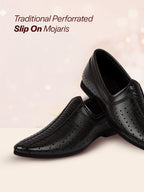 Men Black Laser Cut Design Stitched Ethnic Party Slip On Juttis and Mojaris