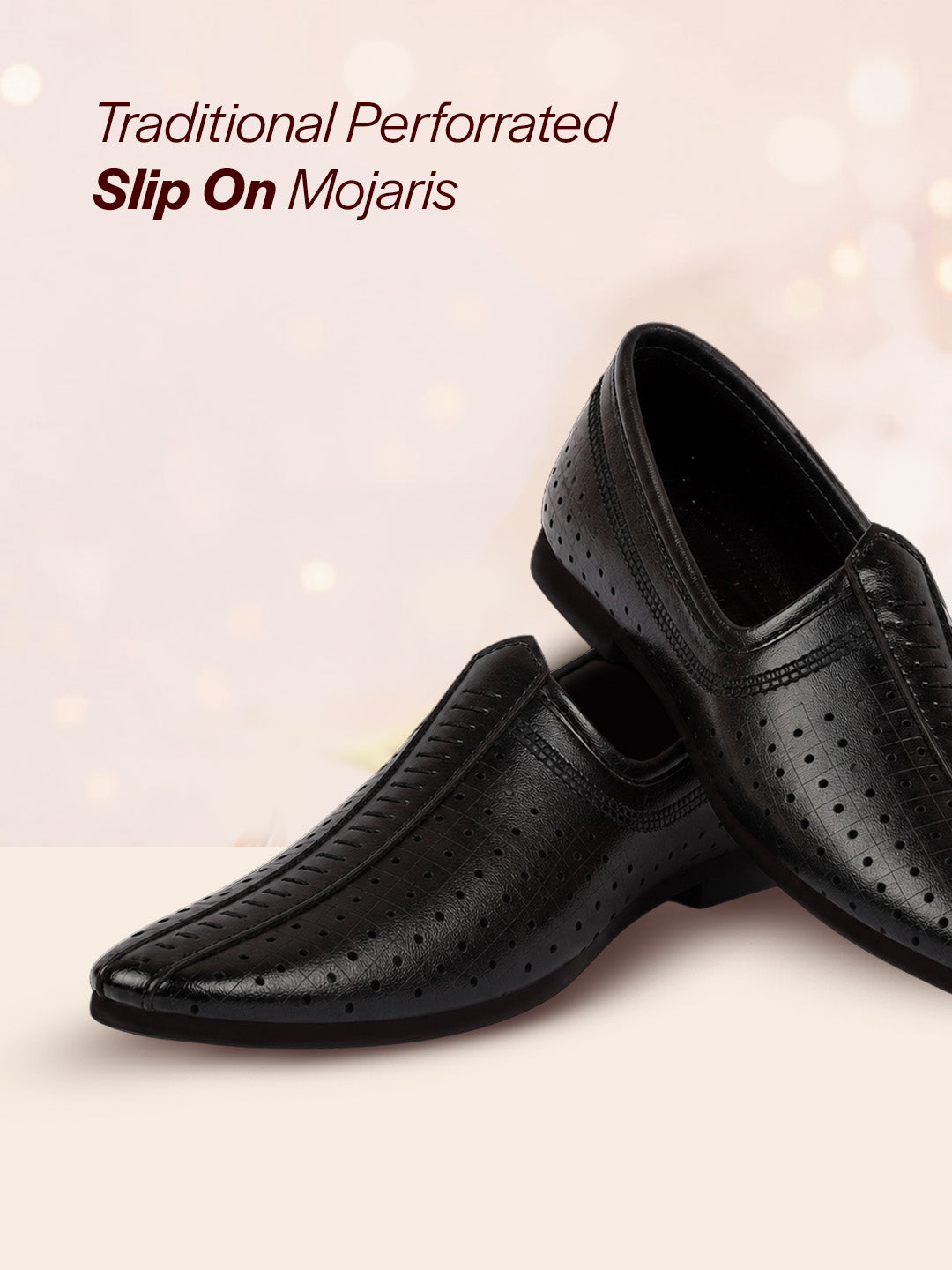 Men Black Laser Cut Design Stitched Ethnic Party Slip On Juttis and Mojaris