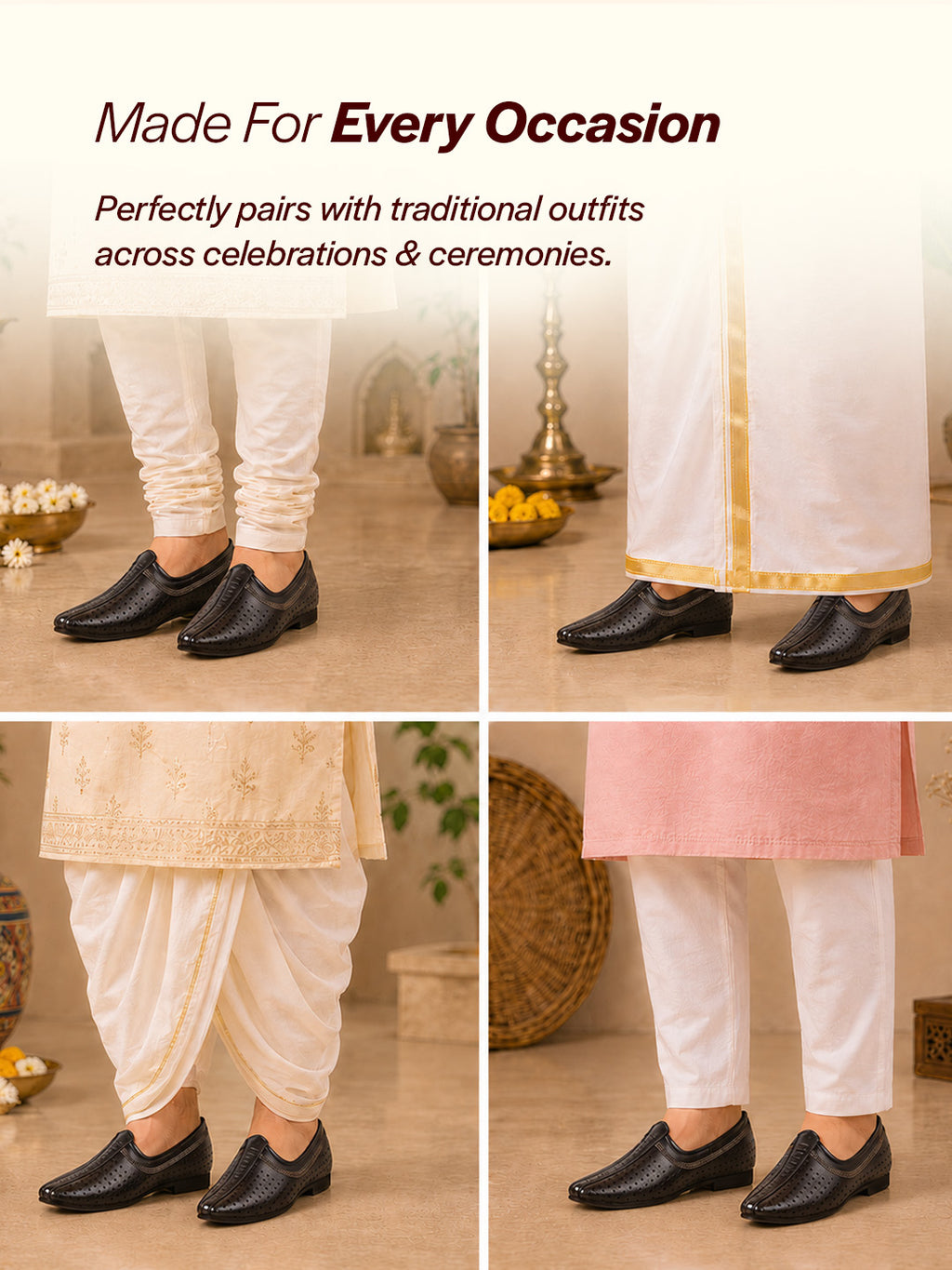 Men Black Laser Cut Design Stitched Ethnic Party Slip On Juttis and Mojaris