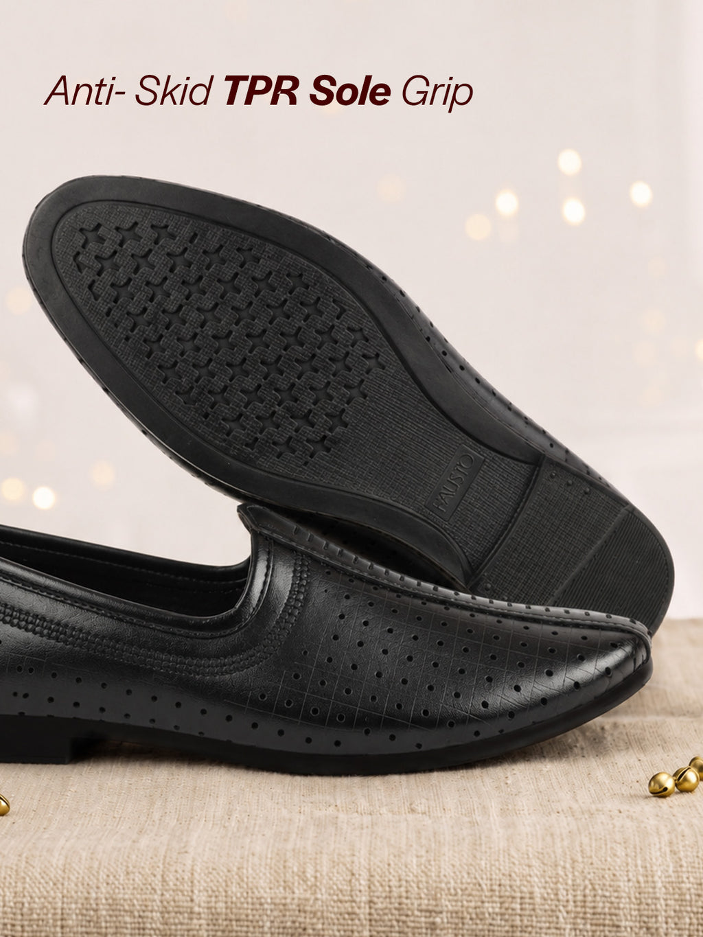Men Black Laser Cut Design Stitched Ethnic Party Slip On Juttis and Mojaris