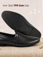 Men Black Laser Cut Design Stitched Ethnic Party Slip On Juttis and Mojaris