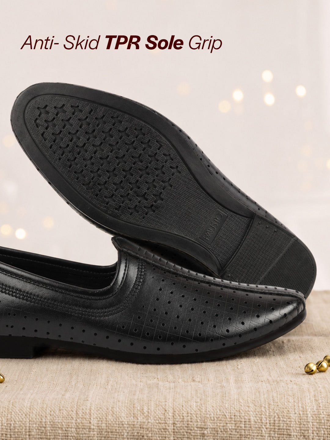 Men Black Laser Cut Design Stitched Ethnic Party Slip On Juttis and Mojaris