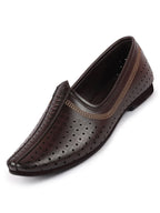 Shop Men Brown Laser Cut Design Stitched Ethnic Party Slip On Juttis and Mojaris Online.