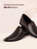 Shop Men Brown Laser Cut Design Stitched Ethnic Party Slip On Juttis and Mojaris Online.