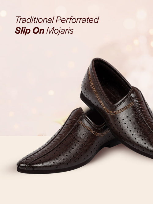 Shop Men Brown Laser Cut Design Stitched Ethnic Party Slip On Juttis and Mojaris Online.