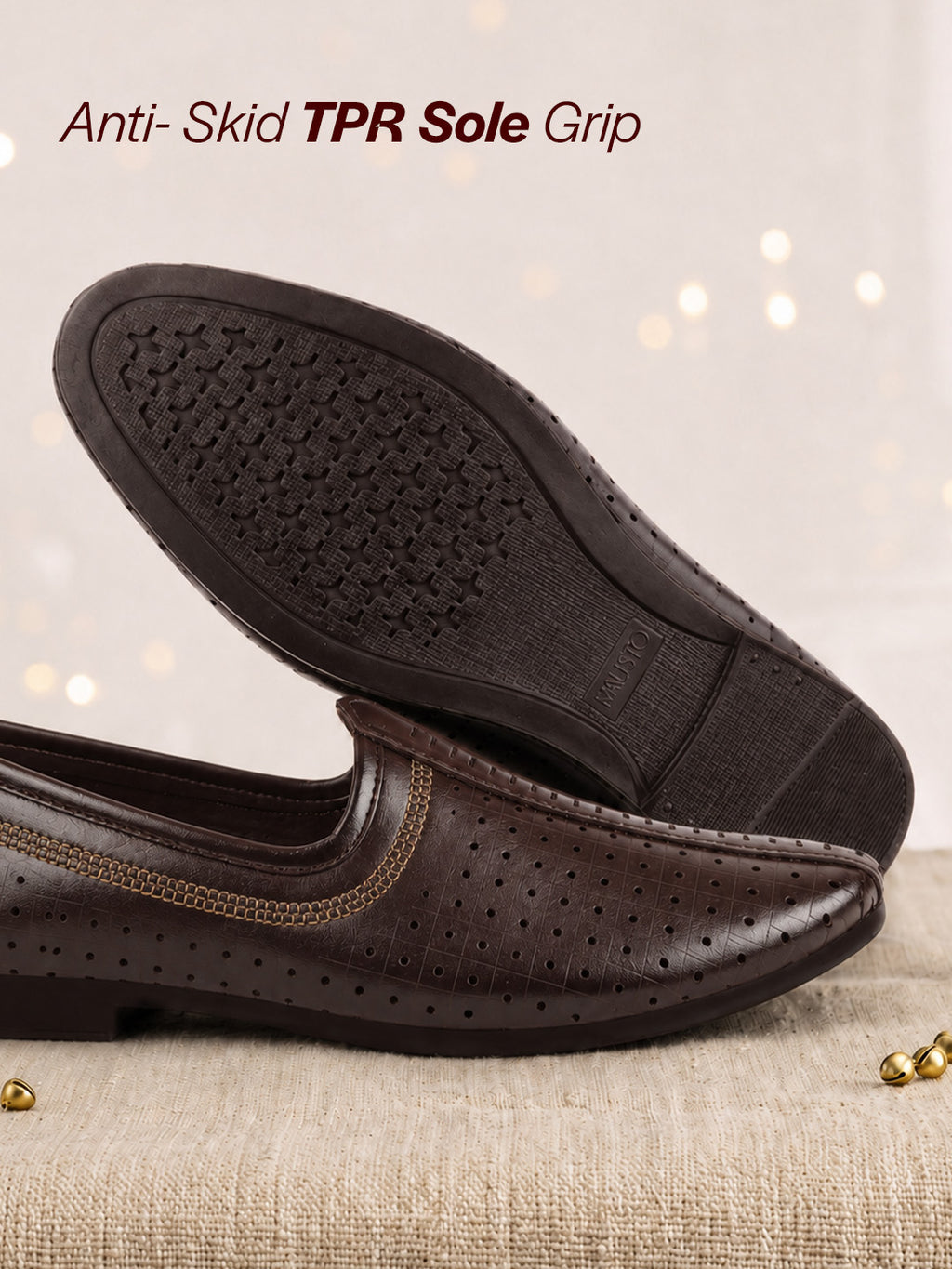 Shop Men Brown Laser Cut Design Stitched Ethnic Party Slip On Juttis and Mojaris Online.