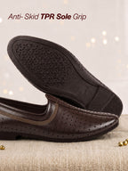 Shop Men Brown Laser Cut Design Stitched Ethnic Party Slip On Juttis and Mojaris Online.