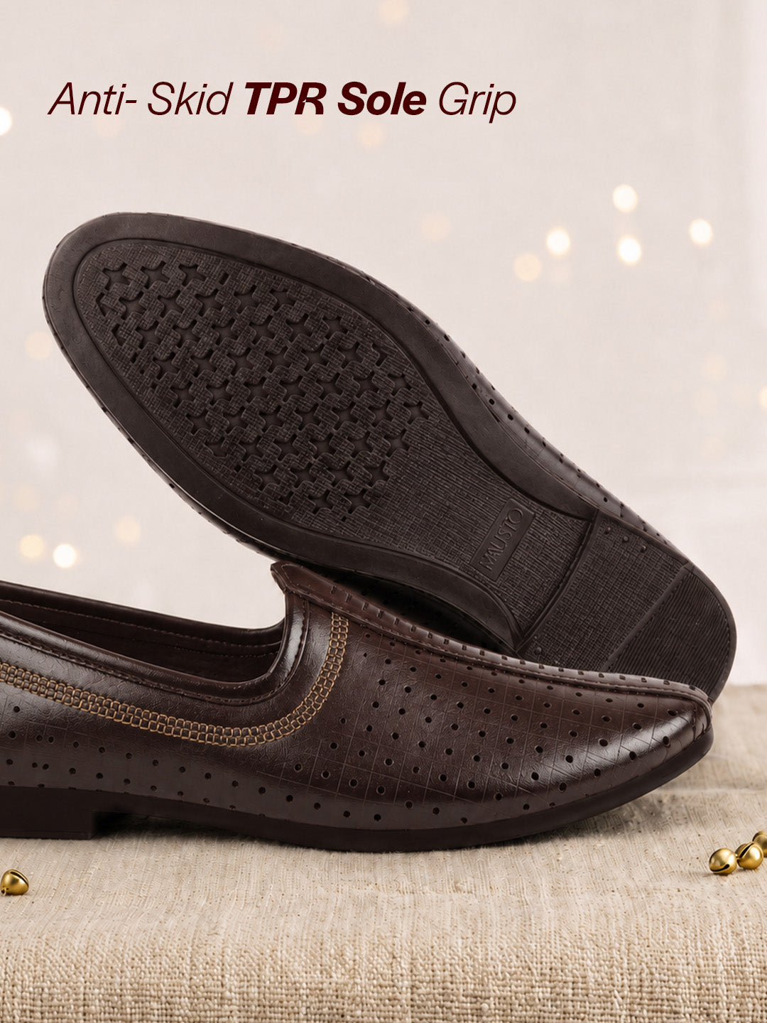 Shop Men Brown Laser Cut Design Stitched Ethnic Party Slip On Juttis and Mojaris Online.