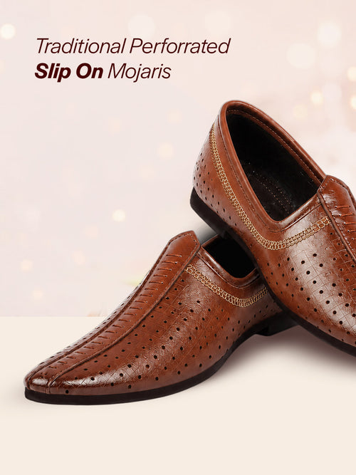 Shop Men Tan Laser Cut Design Stitched Ethnic Party Slip On Juttis and Mojaris Online.