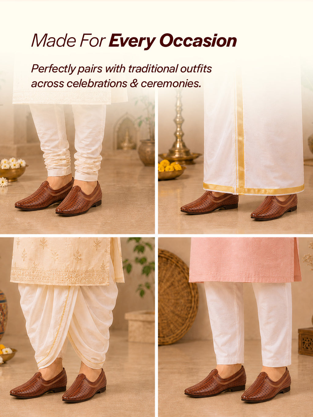 Shop Men Tan Laser Cut Design Stitched Ethnic Party Slip On Juttis and Mojaris Online.
