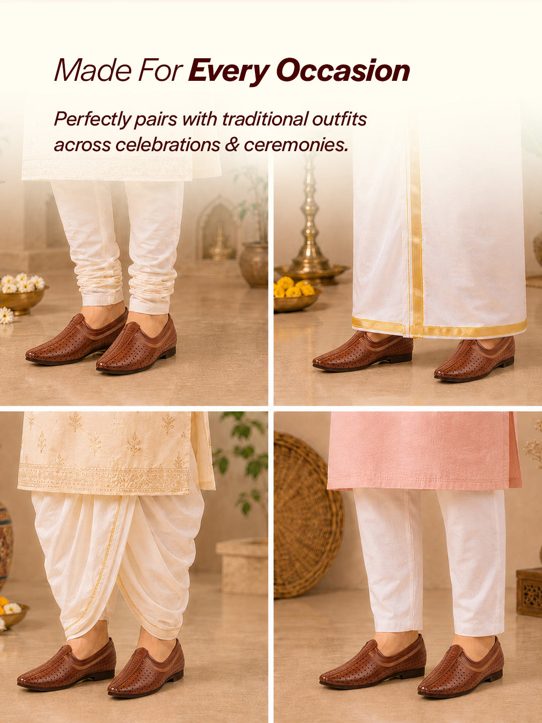 Shop Men Tan Laser Cut Design Stitched Ethnic Party Slip On Juttis and Mojaris Online.
