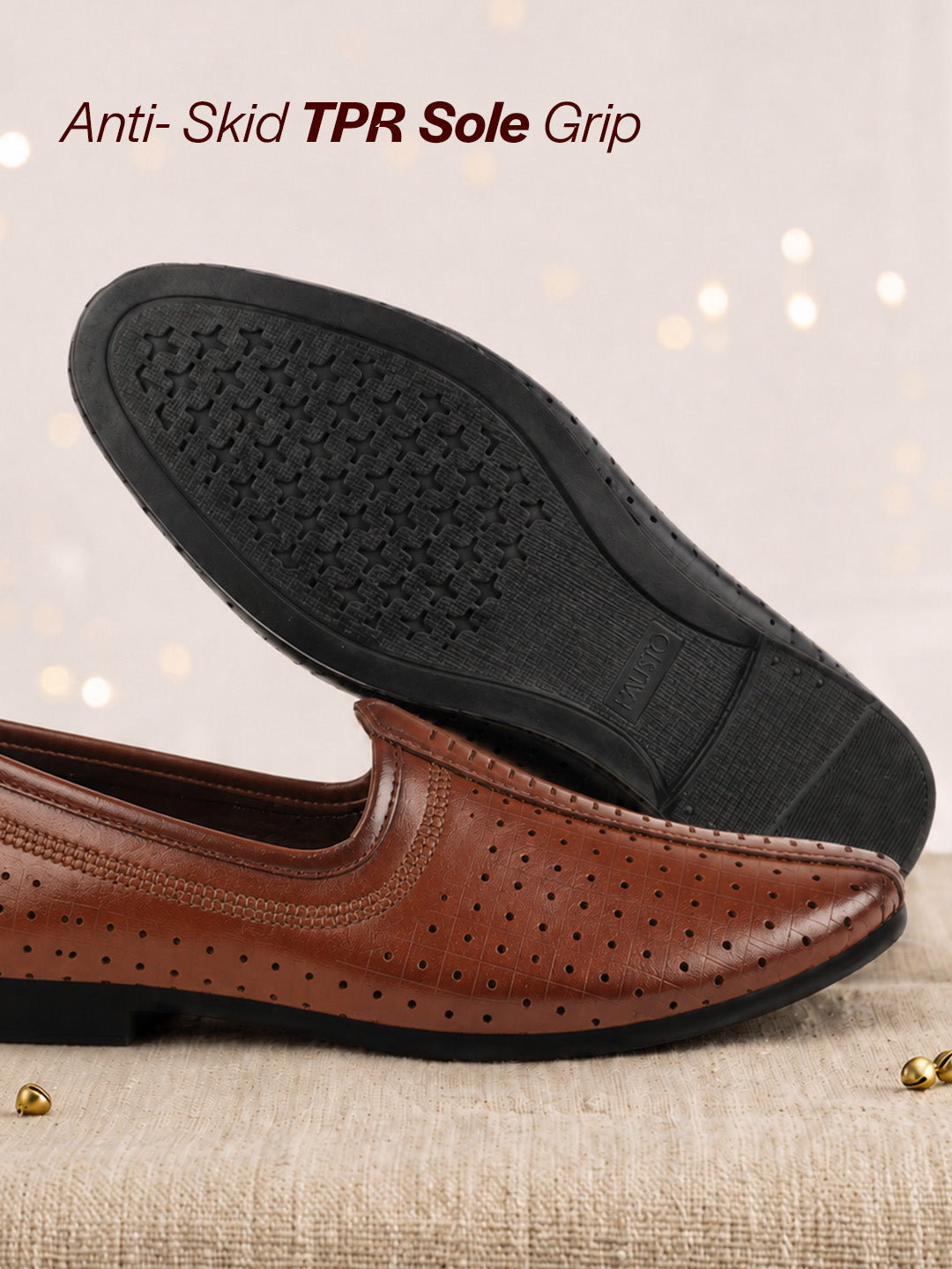Shop Men Tan Laser Cut Design Stitched Ethnic Party Slip On Juttis and Mojaris Online.