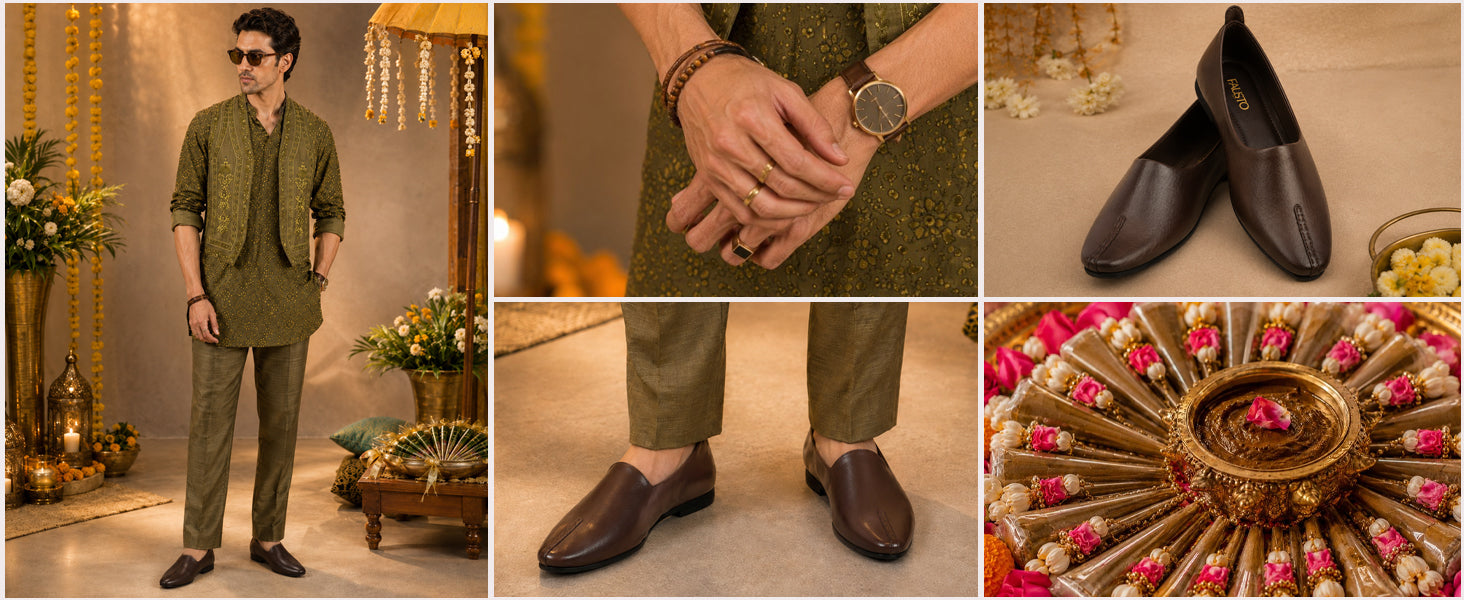 Men Tan Wedding Party Evening Occasion Ethnic Slip On Juttis and Mojaris