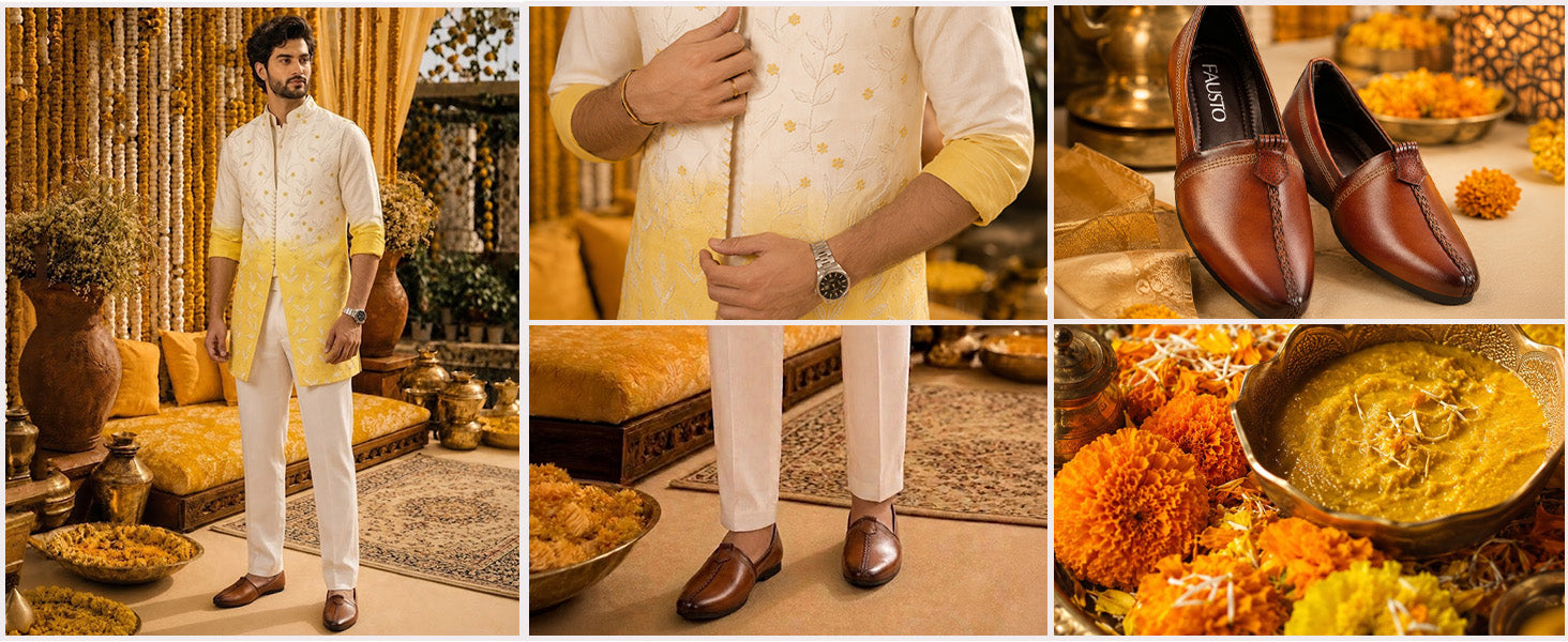 Men Tan Wedding Party Evening Broad Feet Ethnic Slip On Juttis and Mojaris