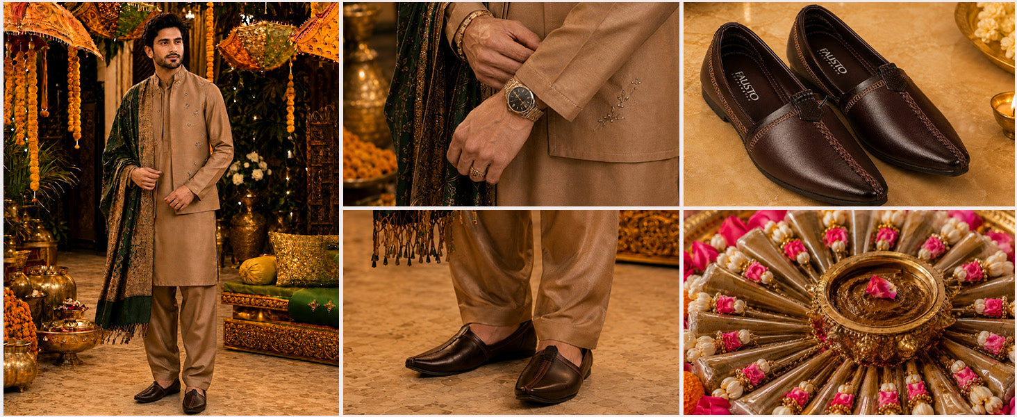 Men Tan Wedding Party Evening Broad Feet Ethnic Slip On Juttis and Mojaris