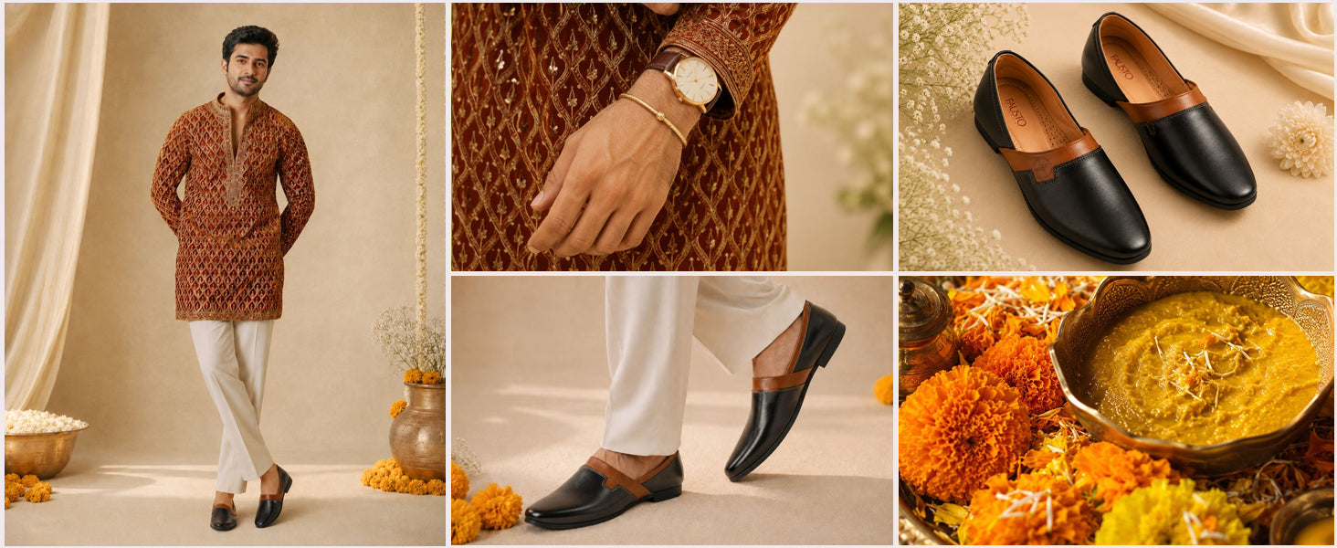 Men Black Wedding Party Evening Ethnic Colorblocked Slip On Juttis and Mojaris