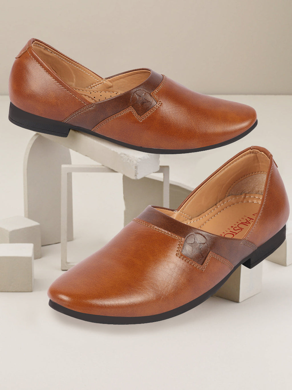 Shop Men Tan Wedding Party Evening Ethnic Colorblocked Slip On Juttis and Mojaris Online.