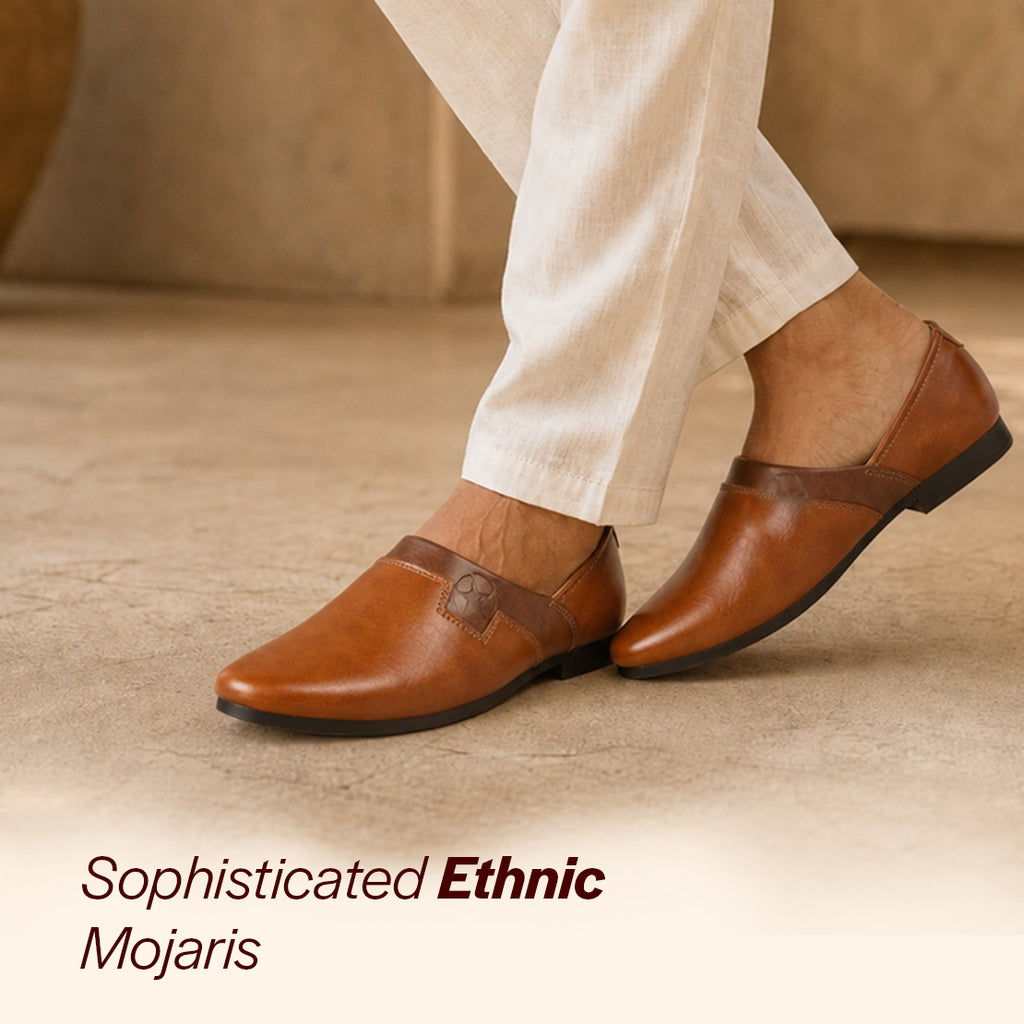 Shop Men Tan Wedding Party Evening Ethnic Colorblocked Slip On Juttis and Mojaris Online.