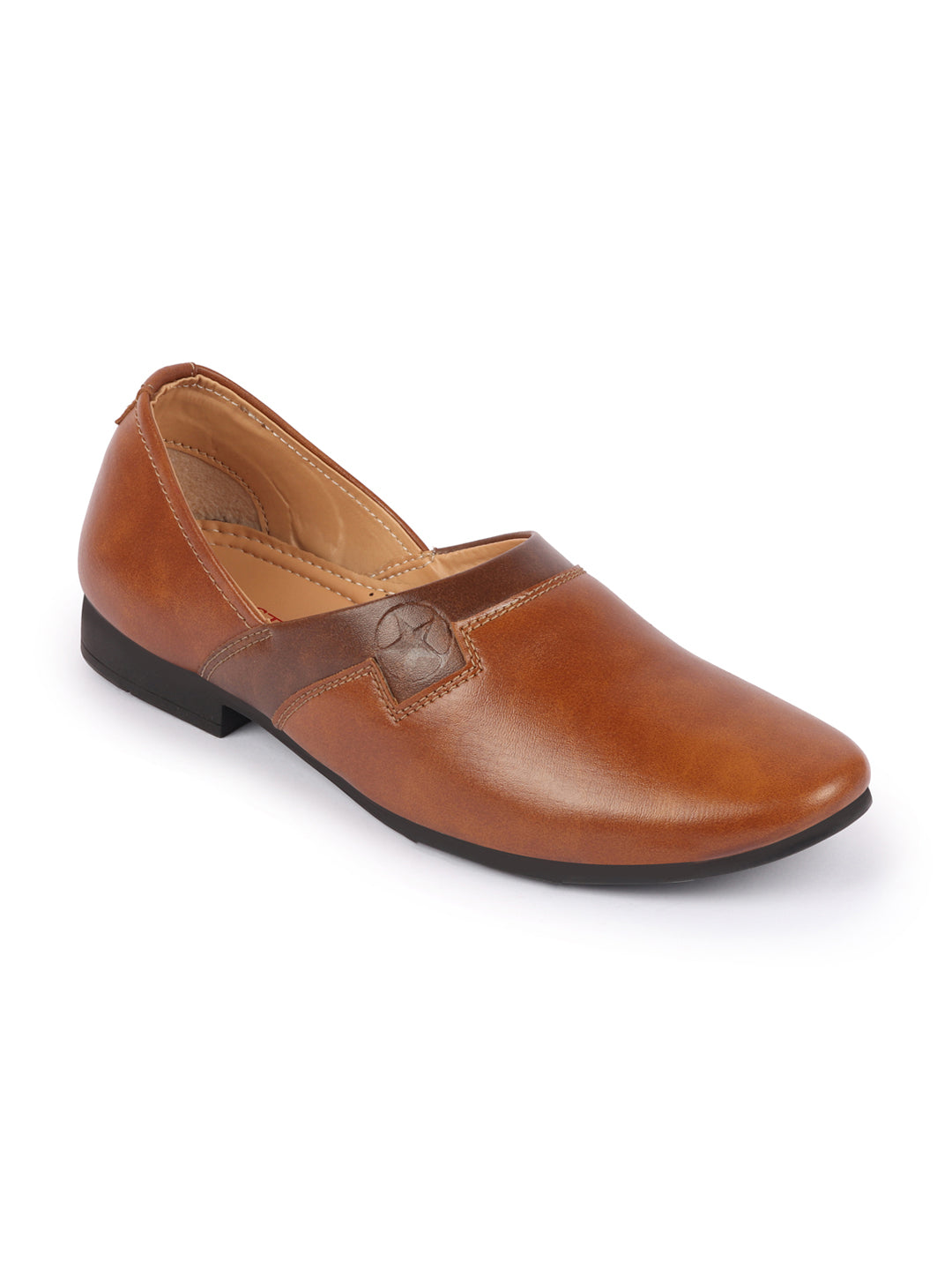 Shop Men Tan Wedding Party Evening Ethnic Colorblocked Slip On Juttis and Mojaris Online.