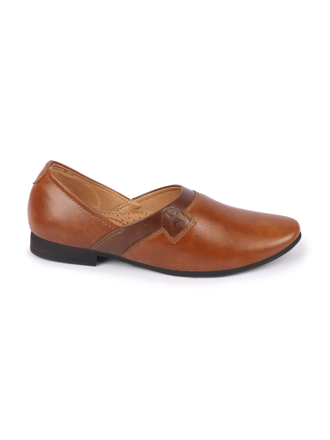 Shop Men Tan Wedding Party Evening Ethnic Colorblocked Slip On Juttis and Mojaris Online.