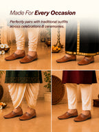 Shop Men Tan Wedding Party Evening Ethnic Colorblocked Slip On Juttis and Mojaris Online.