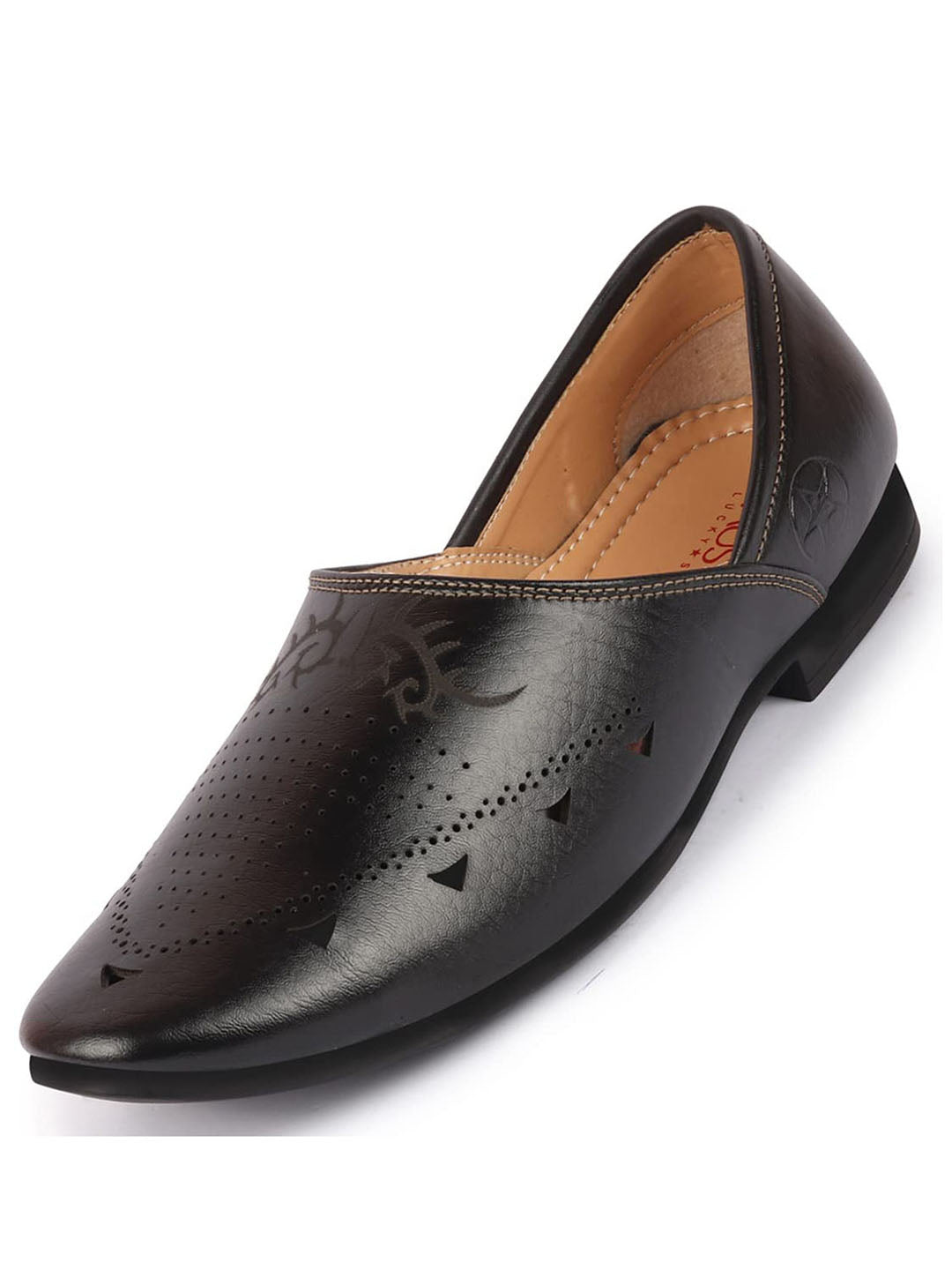 Shop Men Black Ethnic Wedding Party Laser Cut Perforated Design Slip On Juttis and Mojaris Online.