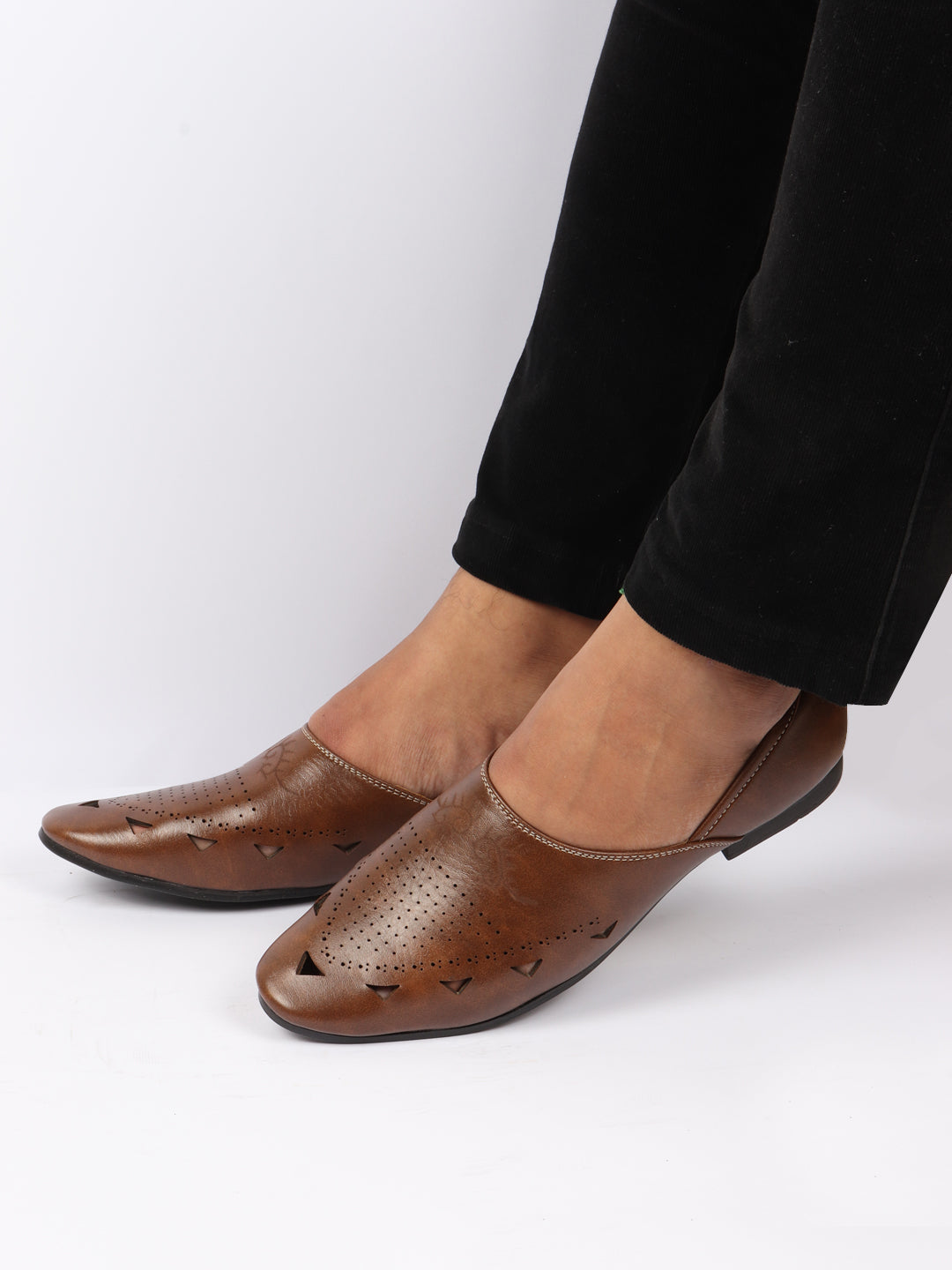 Shop Men Brown Ethnic Wedding Party Laser Cut Perforated Design Slip On Juttis and Mojaris Online.