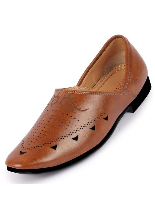 Shop Men Tan Ethnic Wedding Party Laser Cut Perforated Design Slip On Juttis and Mojaris Online.