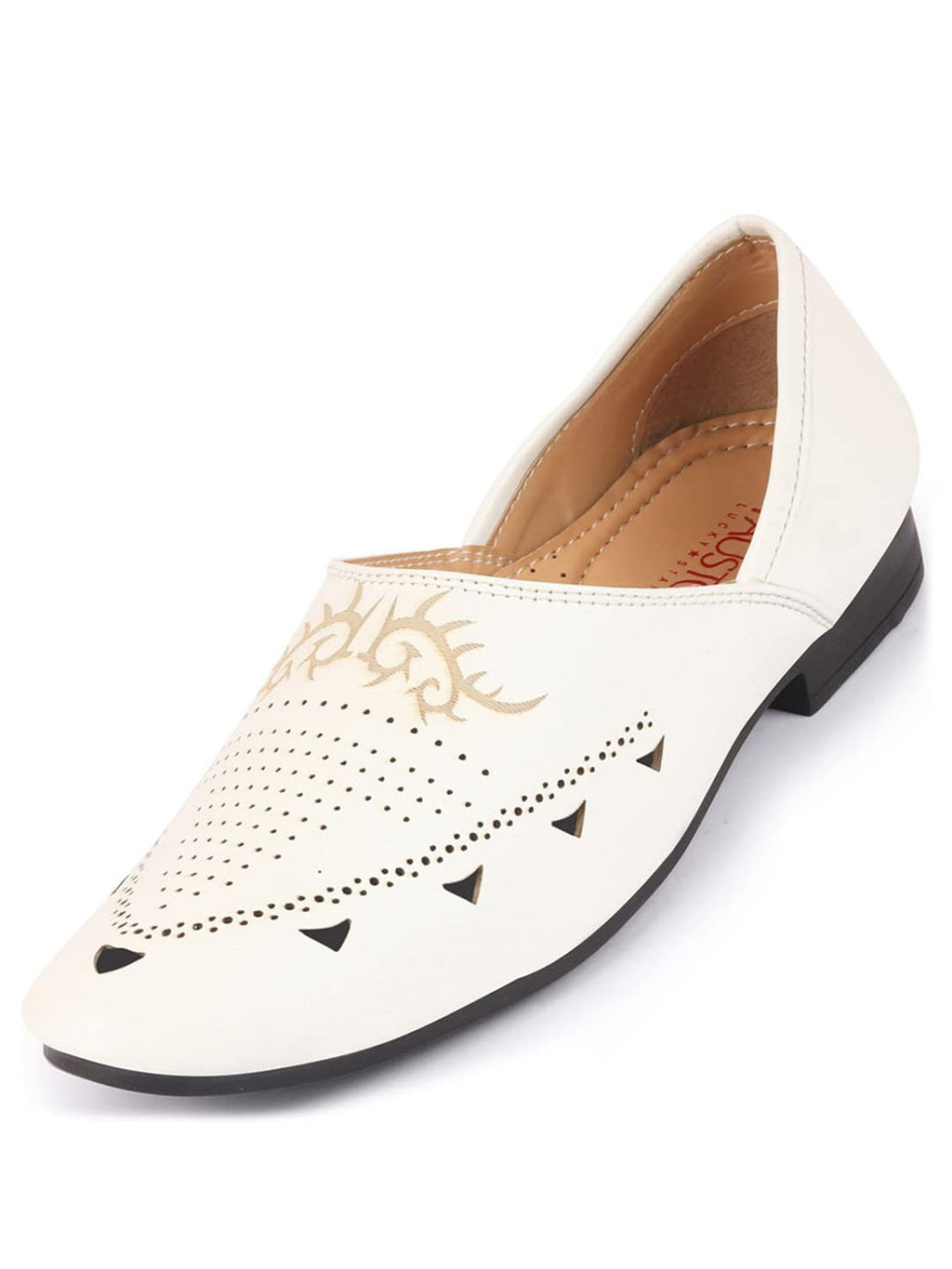 Shop Men White Ethnic Wedding Party Laser Cut Perforated Design Slip On Juttis and Mojaris Online.