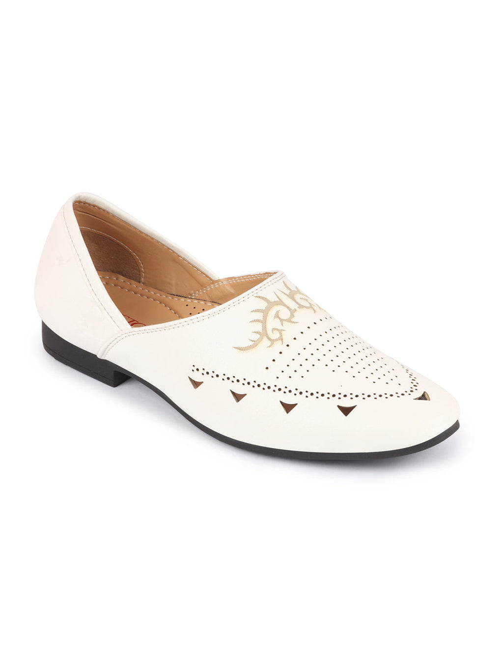 Shop Men White Ethnic Wedding Party Laser Cut Perforated Design Slip On Juttis and Mojaris Online.