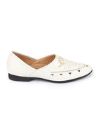 Shop Men White Ethnic Wedding Party Laser Cut Perforated Design Slip On Juttis and Mojaris Online.