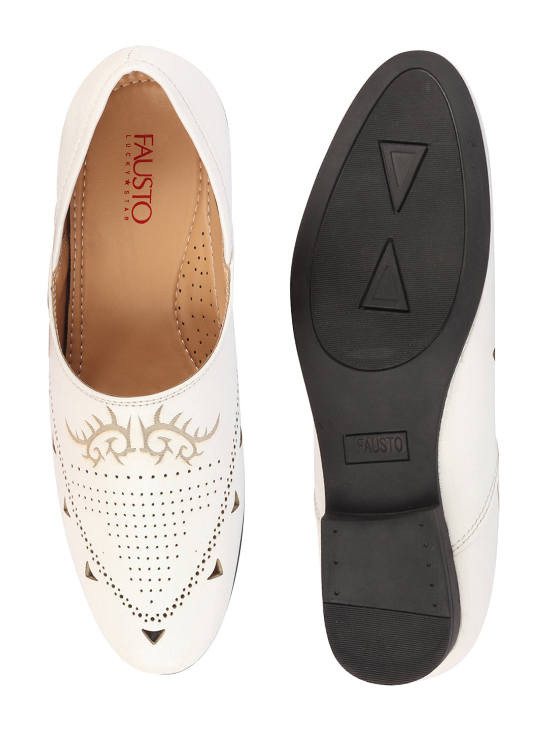 Shop Men White Ethnic Wedding Party Laser Cut Perforated Design Slip On Juttis and Mojaris Online.
