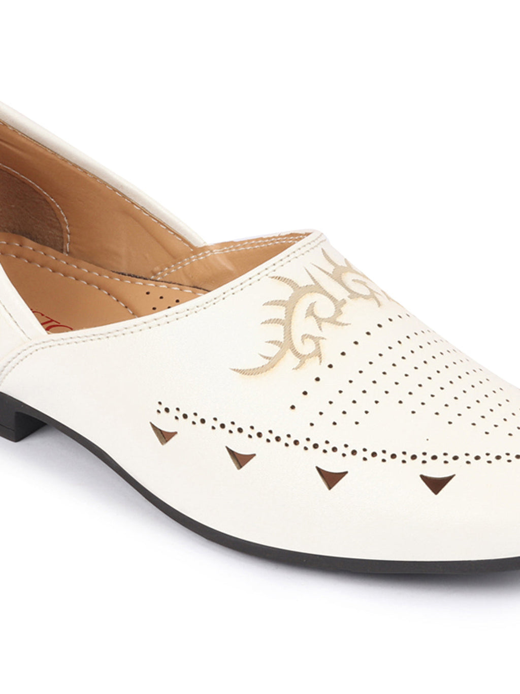 Shop Men White Ethnic Wedding Party Laser Cut Perforated Design Slip On Juttis and Mojaris Online.