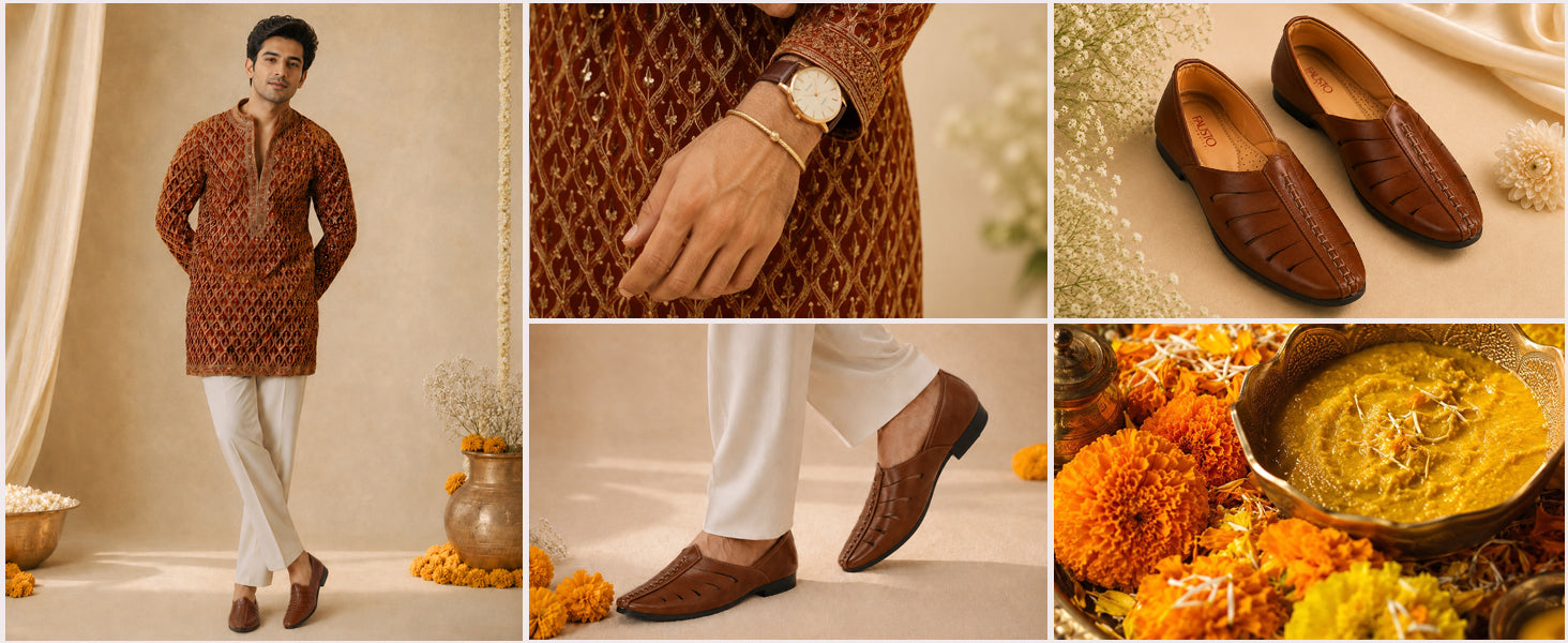 Men Tan Ethnic Wedding Party Laser Cut Design Slip On Juttis and Mojaris