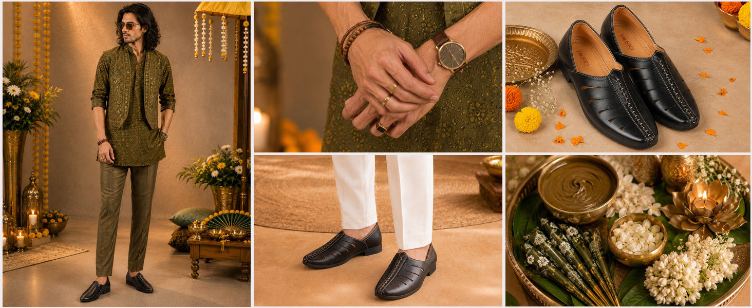 Men Tan Ethnic Wedding Party Laser Cut Design Slip On Juttis and Mojaris